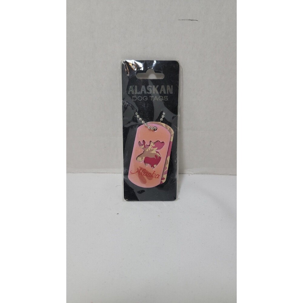Alaska Dog Tags Pink Moose Design 2 Metal Tags w/ Chain NEW Souvenir Collectible